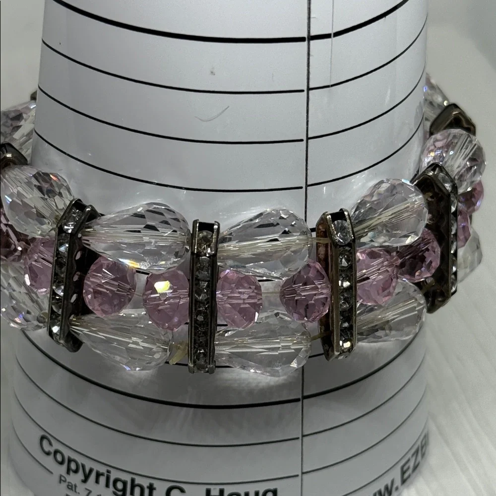 Beautiful Pink and Clear Crystal Stretch Bracelet rhinestone gun metal spacers